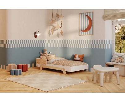 Łóżko pojedyncze dla dzieci z barierką i stelażem PUZZLE BR1 Montessori Drewniane