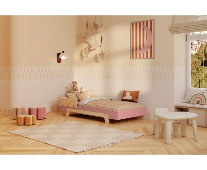 Łóżko pojedyncze dla dzieci z barierką i stelażem PUZZLE BR1 Montessori Drewniane