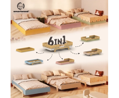 Łóżko pojedyncze dla dzieci z barierkami i stelażem PUZZLE BR2 Montessori Drewniane