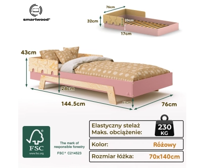 Łóżko pojedyncze dla dzieci z barierką i stelażem PUZZLE BR1 Montessori Drewniane