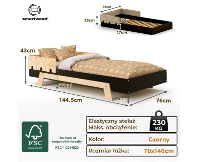 Łóżko pojedyncze dla dzieci z barierką i stelażem PUZZLE BR1 Montessori Drewniane