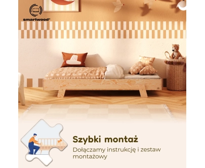 Łóżko pojedyncze dla dzieci ze stelażem PUZZLE Montessori Drewniane