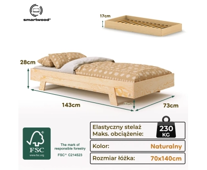 Łóżko pojedyncze dla dzieci ze stelażem PUZZLE Montessori Drewniane