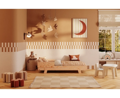 Łóżko pojedyncze dla dzieci z barierką i stelażem PUZZLE BR1 Montessori Drewniane