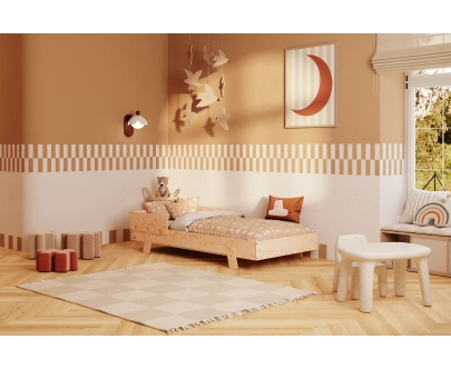 Łóżko pojedyncze dla dzieci z barierką i stelażem PUZZLE BR1 Montessori Drewniane
