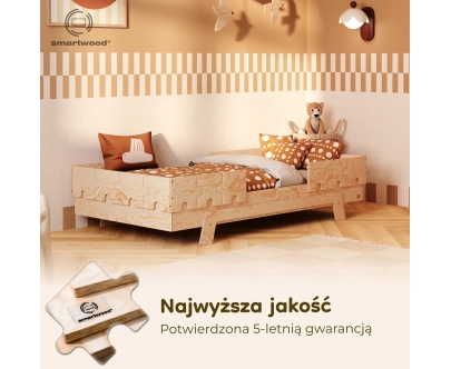 Łóżko pojedyncze dla dzieci z barierkami i stelażem PUZZLE BR2 Montessori Drewniane