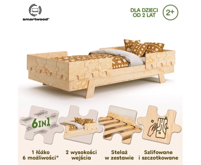 Łóżko pojedyncze dla dzieci z barierkami i stelażem PUZZLE BR2 Montessori Drewniane