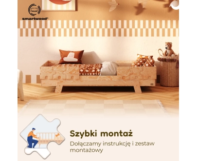 Łóżko pojedyncze dla dzieci z barierkami i stelażem PUZZLE BR2 Montessori Drewniane