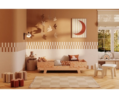 Łóżko pojedyncze dla dzieci z barierkami i stelażem PUZZLE BR2 Montessori Drewniane