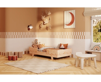 Łóżko pojedyncze dla dzieci z barierkami i stelażem PUZZLE BR2 Montessori Drewniane