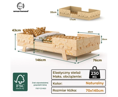 Łóżko pojedyncze dla dzieci z barierkami i stelażem PUZZLE BR2 Montessori Drewniane