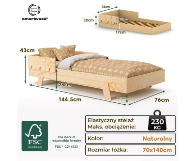 Łóżko pojedyncze dla dzieci z barierką i stelażem PUZZLE BR1 Montessori Drewniane