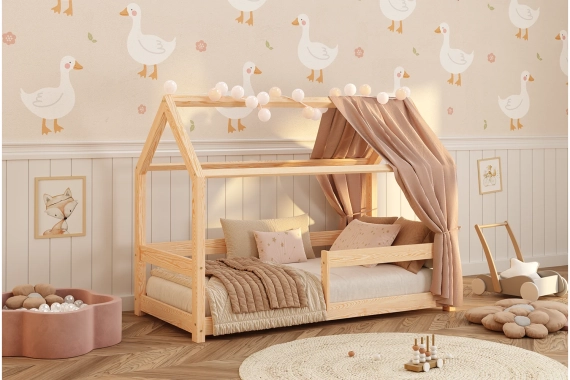 Łóżko domek dla dziecka z barierką i stelażem MILO Montessori Drewniane