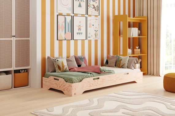 Łóżko pojedyncze dla dzieci podłogowe ze stelażem TILA 8 Montessori Drewniane