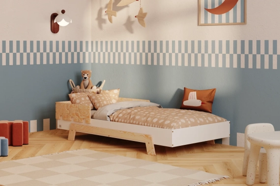 Łóżko pojedyncze dla dzieci z barierką i stelażem PUZZLE BR1 Montessori Drewniane