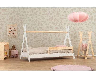 Łóżko domek dla dziecka z barierką i stelażem TIPI Montessori Drewniane