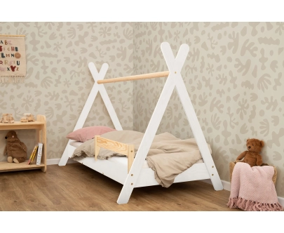 Łóżko domek dla dziecka z barierką i stelażem TIPI Montessori Drewniane