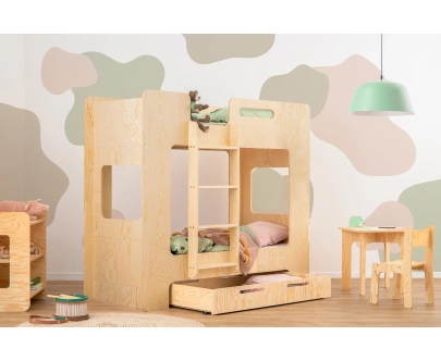 Łóżko piętrowe dla dzieci z szufladą i stelażem MIMI D Montessori Drewniane