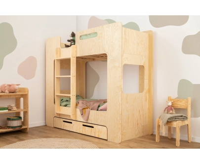Łóżko piętrowe dla dzieci z szufladą i stelażem MIMI D Montessori Drewniane