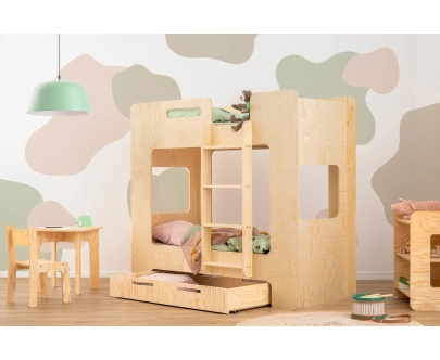 Łóżko piętrowe dla dzieci z szufladą i stelażem MIMI D Montessori Drewniane