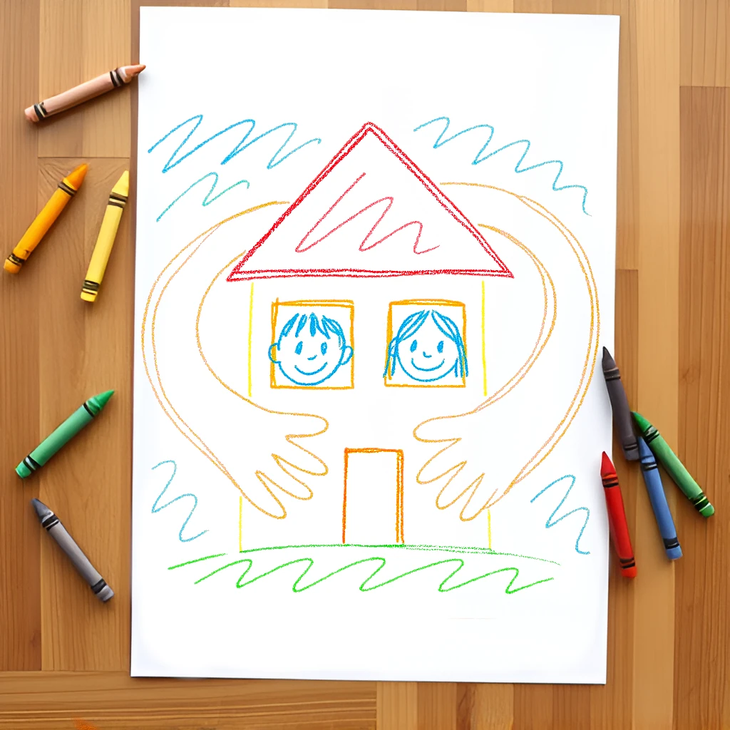 Rysunek dziecka przedstawiający ręce obejmujące dom w którego oknach są dwie twarze