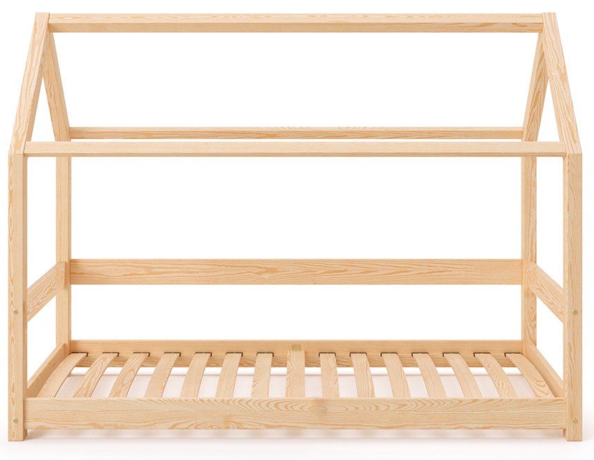 Drewniane łóżko domek bez barierki wykonane z litego drewna sosnowego w kolorze naturalnego drewna