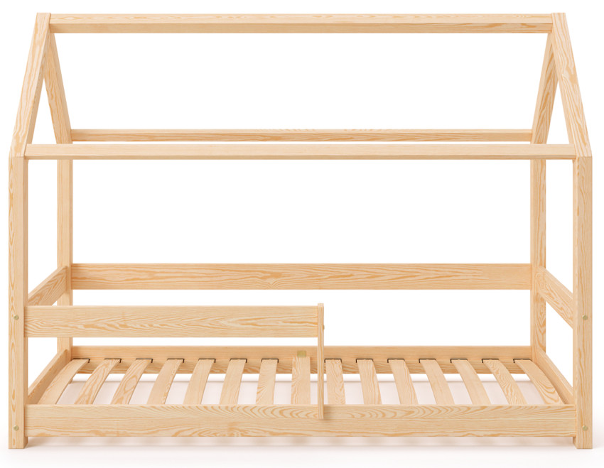 Drewniane łóżko domek z barierką po lewej stronie wykonane z litego drewna sosnowego w kolorze naturalnego drewna