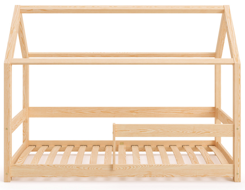 Drewniane łóżko domek z barierką po prawej stronie wykonane z litego drewna sosnowego w kolorze naturalnego drewna