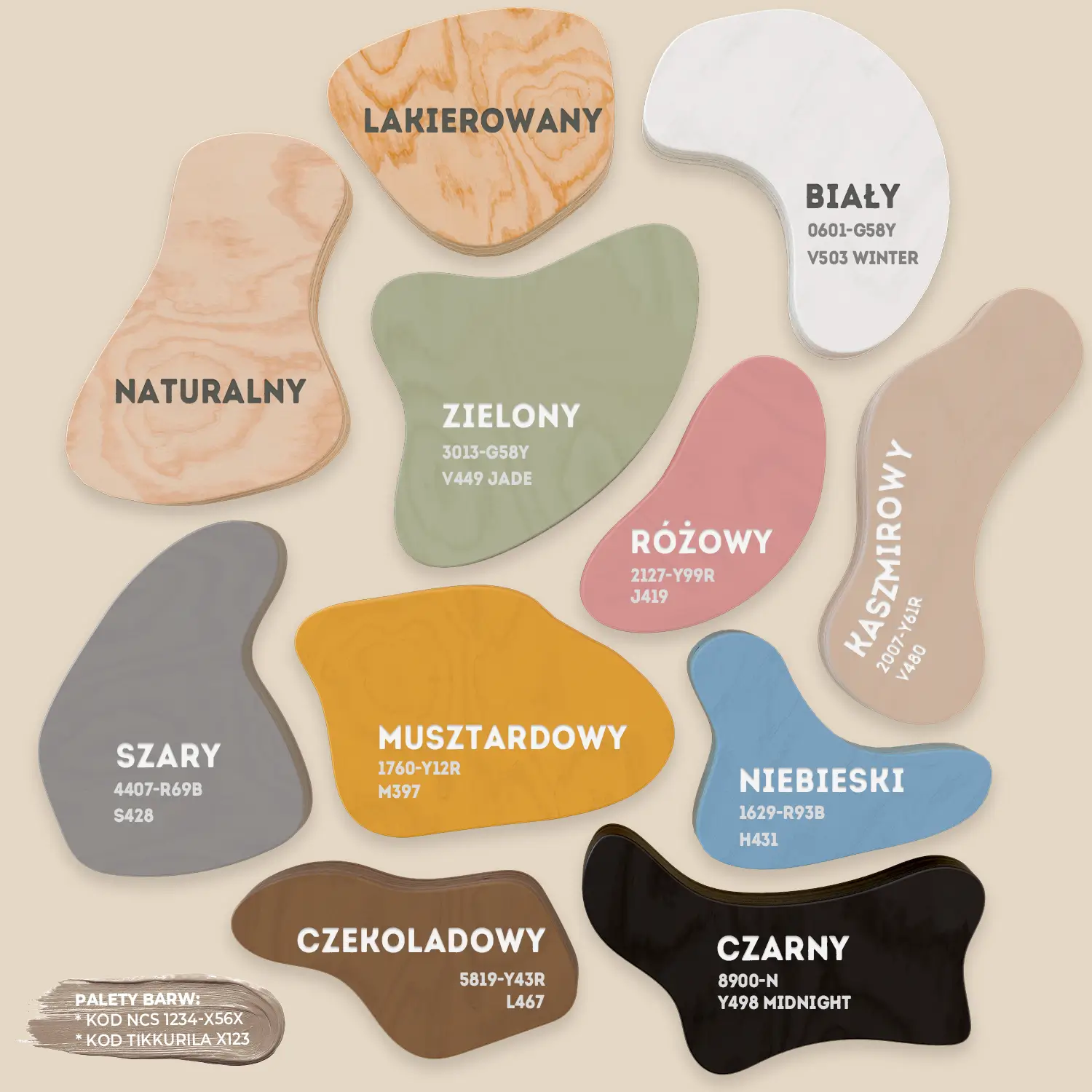 Paleta barw: naturalny lakierowany biały kaszmirowy musztardowy różowy zielony niebieski czekoladowy szary i czarny
