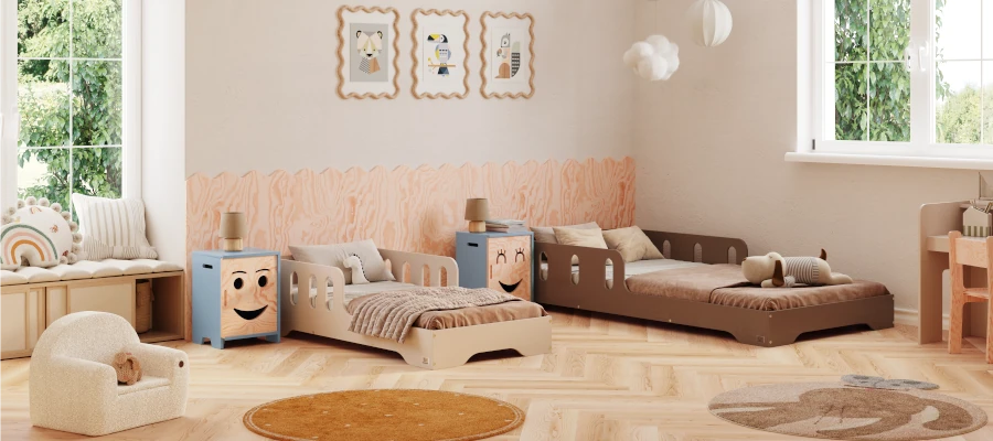 Łóżko pojedyncze dla dzieci z barierką i stelażem TILA 6 Montessori Drewniane