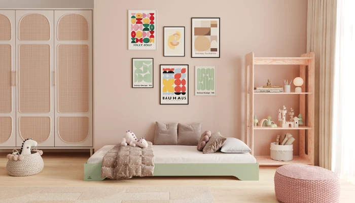 Łóżko pojedyncze dla dzieci podłogowe ze stelażem TILA 7 Montessori Drewniane