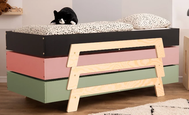 Łóżko pojedyncze dla dzieci ze stelażem PUZZLE Montessori Drewniane