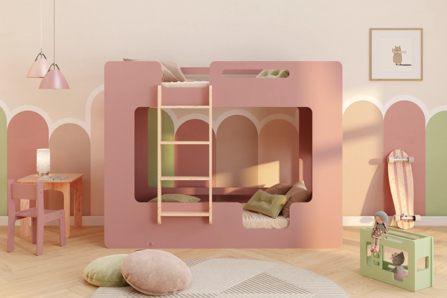Łóżko piętrowe dla dzieci z barierkami i stelażem MIMI B Montessori Drewniane