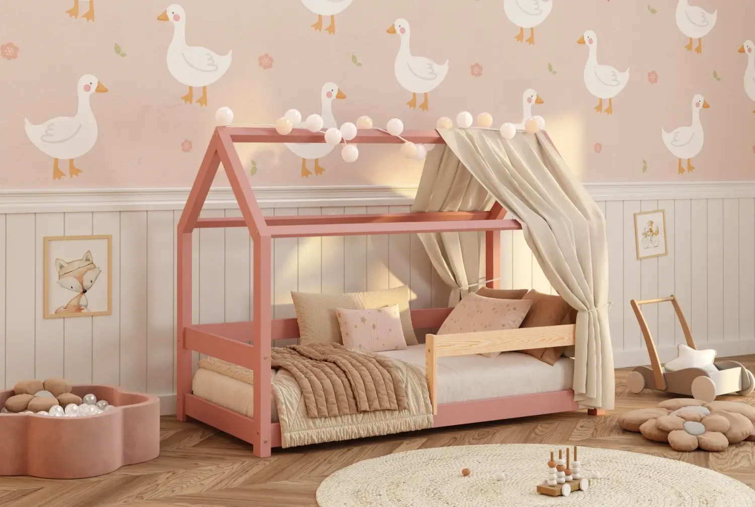 Łóżko domek dla dziecka z barierką i stelażem MILO Montessori Drewniane