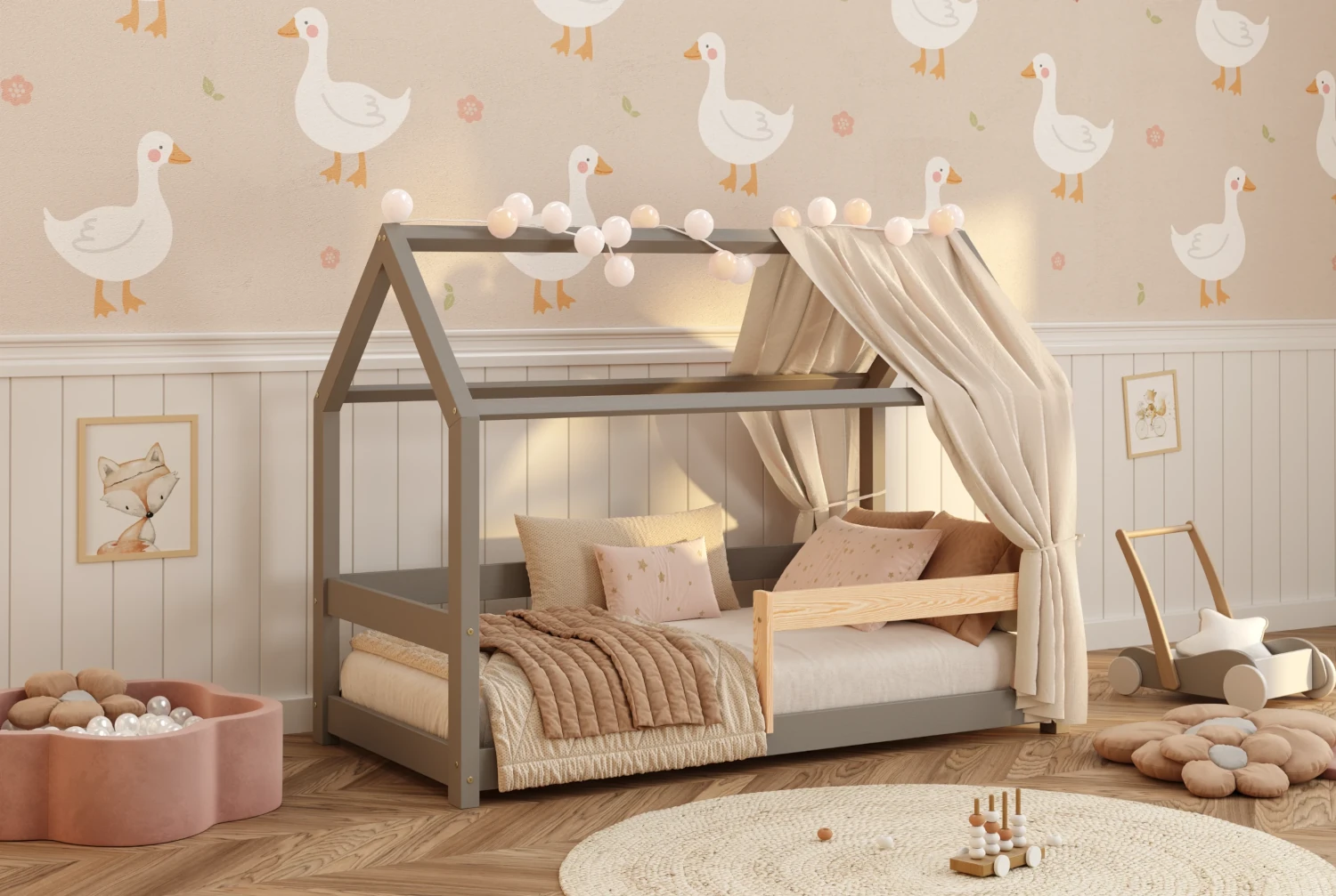 Łóżko domek dla dziecka z barierką i stelażem MILO Montessori Drewniane