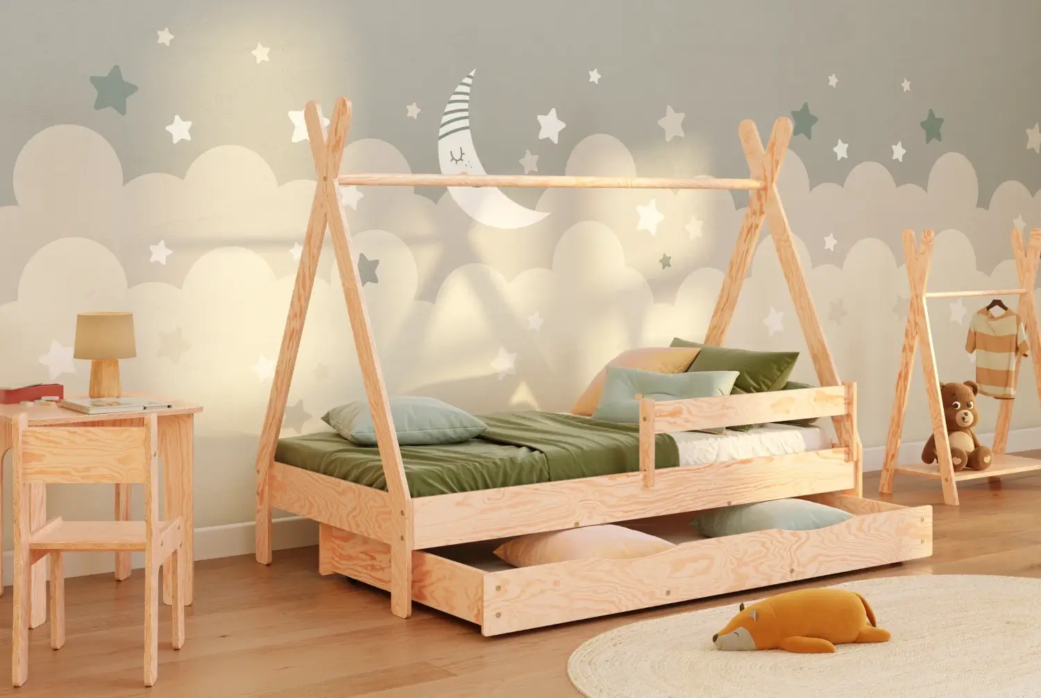 Łóżko domek dla dziecka z szufladą, barierką i stelażem TIPI D Montessori Drewniane