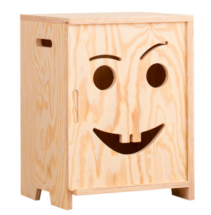Drewniana szafka nocna z sklejki sosnowej w kolorze naturalnym z drzwiami w kształcie uśmiechniętej buzi z zębami
