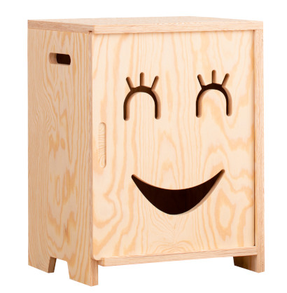 Drewniana szafka nocna z sklejki sosnowej w kolorze naturalnym z drzwiami w kształcie uśmiechniętej buzi z zamkniętymi oczami