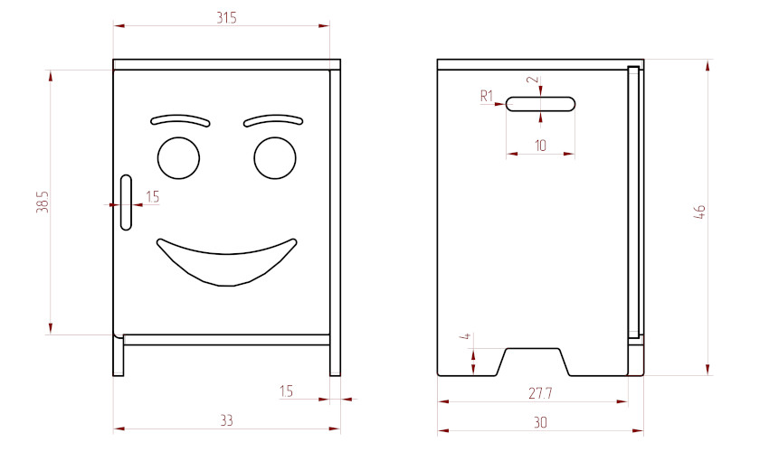 Rysunek techniczny drewnianej szafki nocnej KAPI