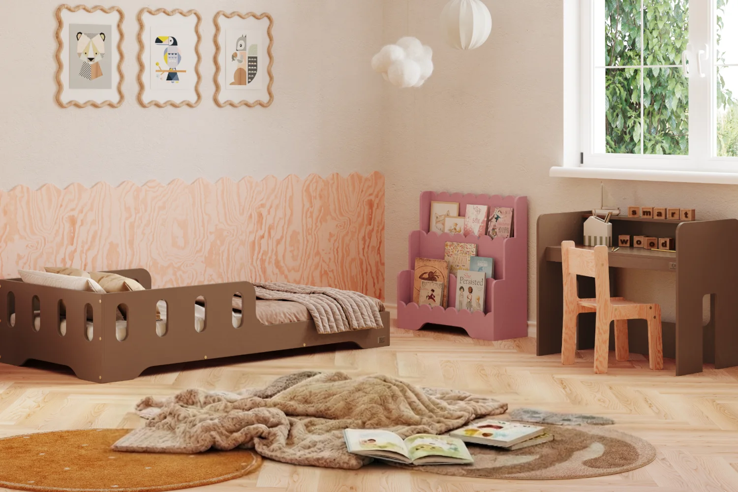 Drewniane regały DRONE w trzech rozmiarach wykonane ze sklejki sosnowej w kolorze naturalnego drewna