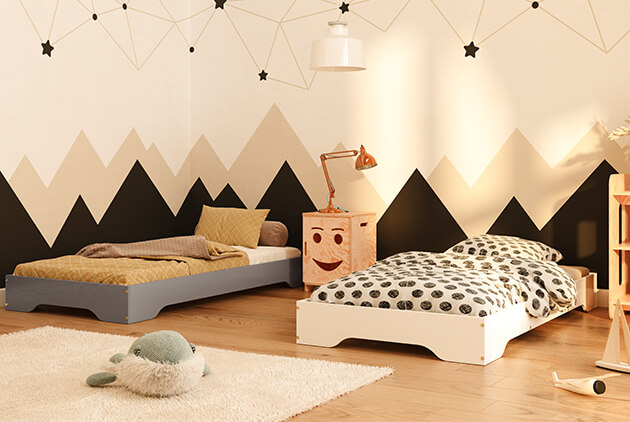 Drewniane pojedyncze łóżka dla dzieci wykonane ze sklejki sosnowej w kolorach białym i szarym