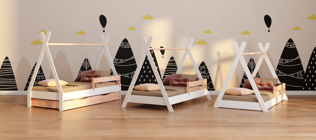 Drewniane łóżka w stylu TIPI w trzech rodzajach wykonane ze sklejki sosnowej w kolorze białym