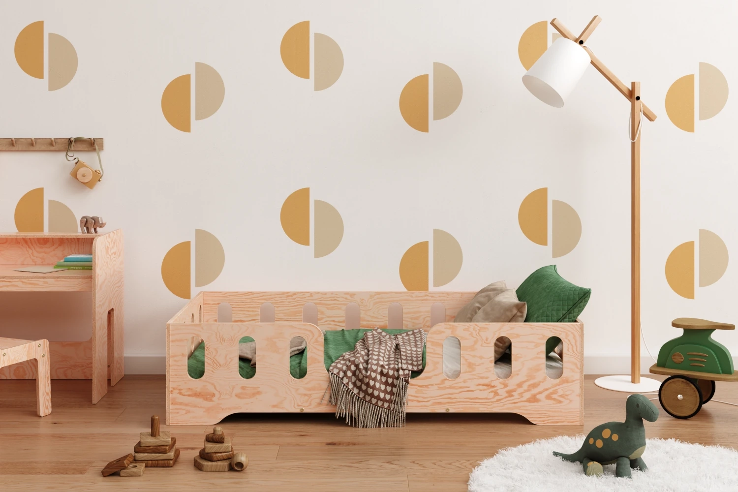 Łóżko pojedyncze dla dzieci z barierką i stelażem TILA 2 Montessori Drewniane (Wybierz rozmiar: 80x160 - Wybierz kolor: Naturalny - Wybierz stronę wejścia: Prawa)