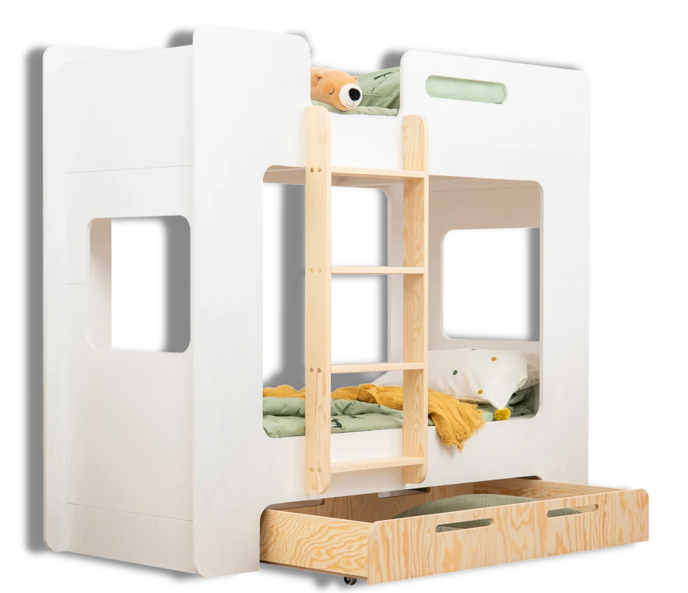 Łóżko piętrowe dla dzieci z szufladą i stelażem MIMI D Montessori Drewniane