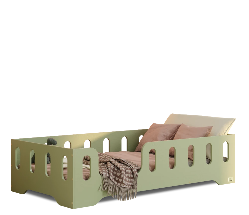 Łóżko pojedyncze dla dzieci z barierką i stelażem TILA 2 Montessori Drewniane