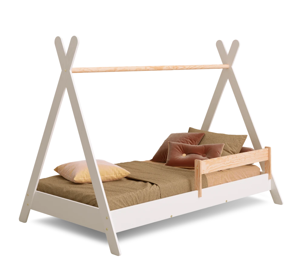 Łóżko domek dla dziecka z barierką i stelażem TIPI Montessori Drewniane