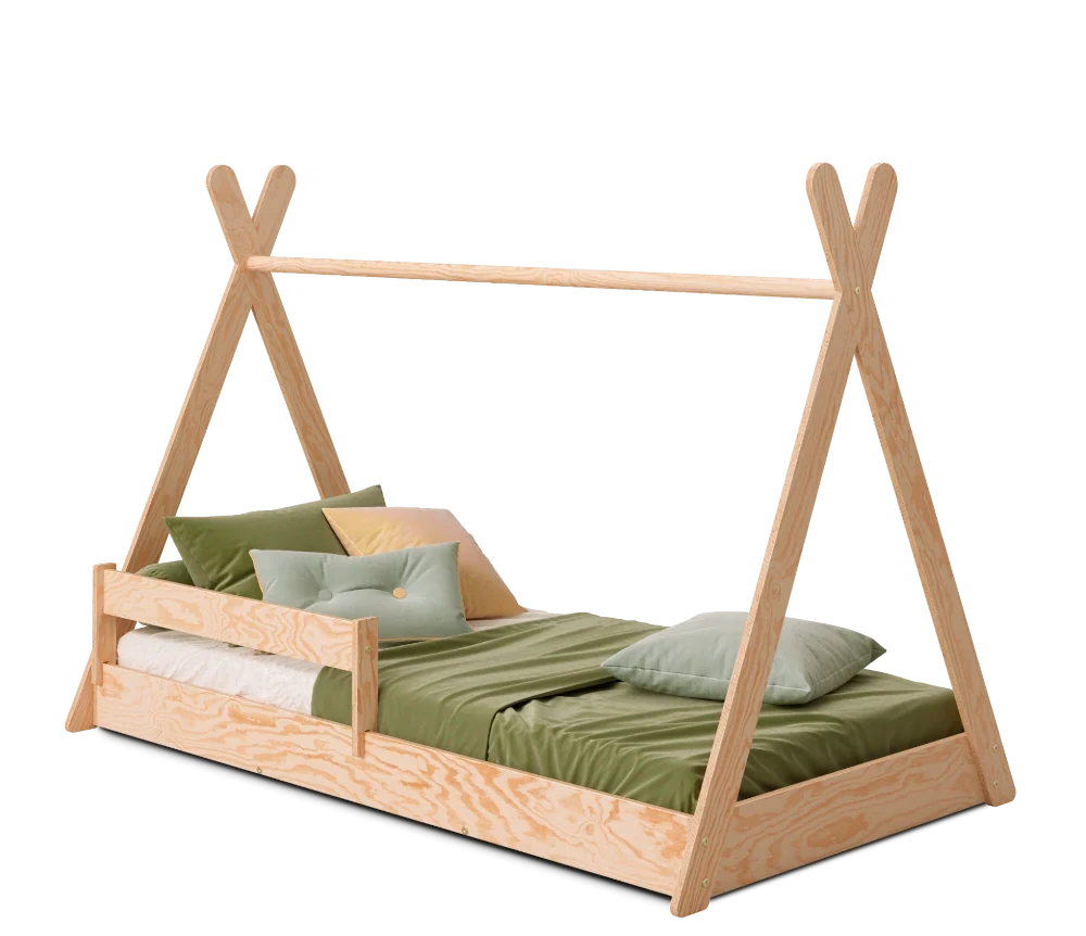 Łóżko domek podłogowe z barierką i stelażem TIPI F Montessori Drewniane